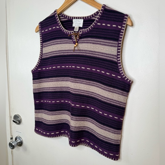 Vintage Sweater Vest Hand Embroidered Women Large Purple Beige Stripe Woven Boho - Picture 3 of 7